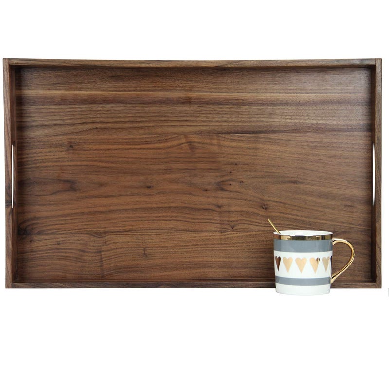 MAGIGO 22 x 14 Inches Large Rectangle Black Walnut Wood Ottoman Tray with Handles, Serve Tea, Coffee, Classic Wooden Decorative Serving Tray - Image 1